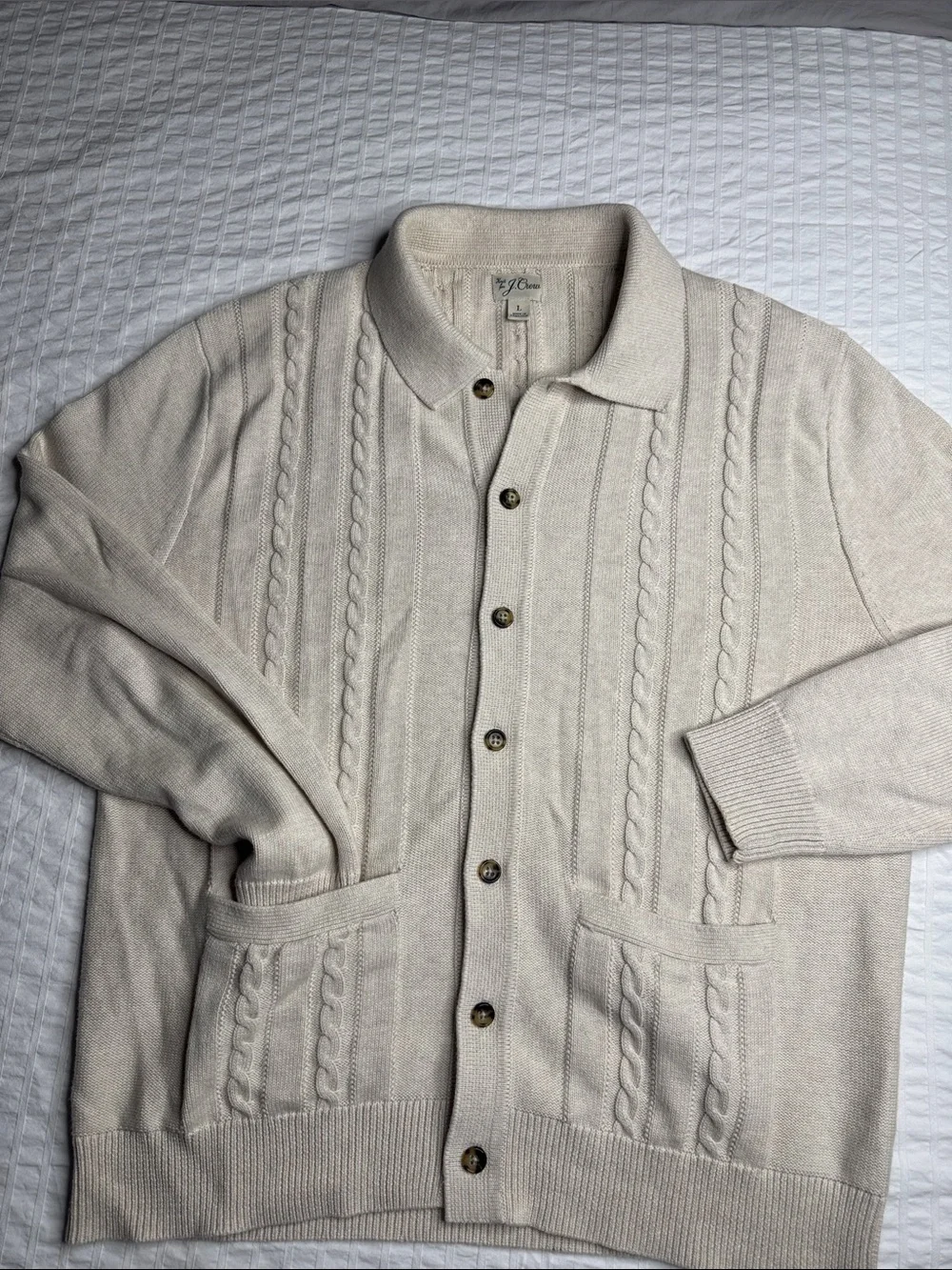 J. Crew Men's Cream Cable Knit Polo-Style Button Cardigan Size L - 100% Cotton